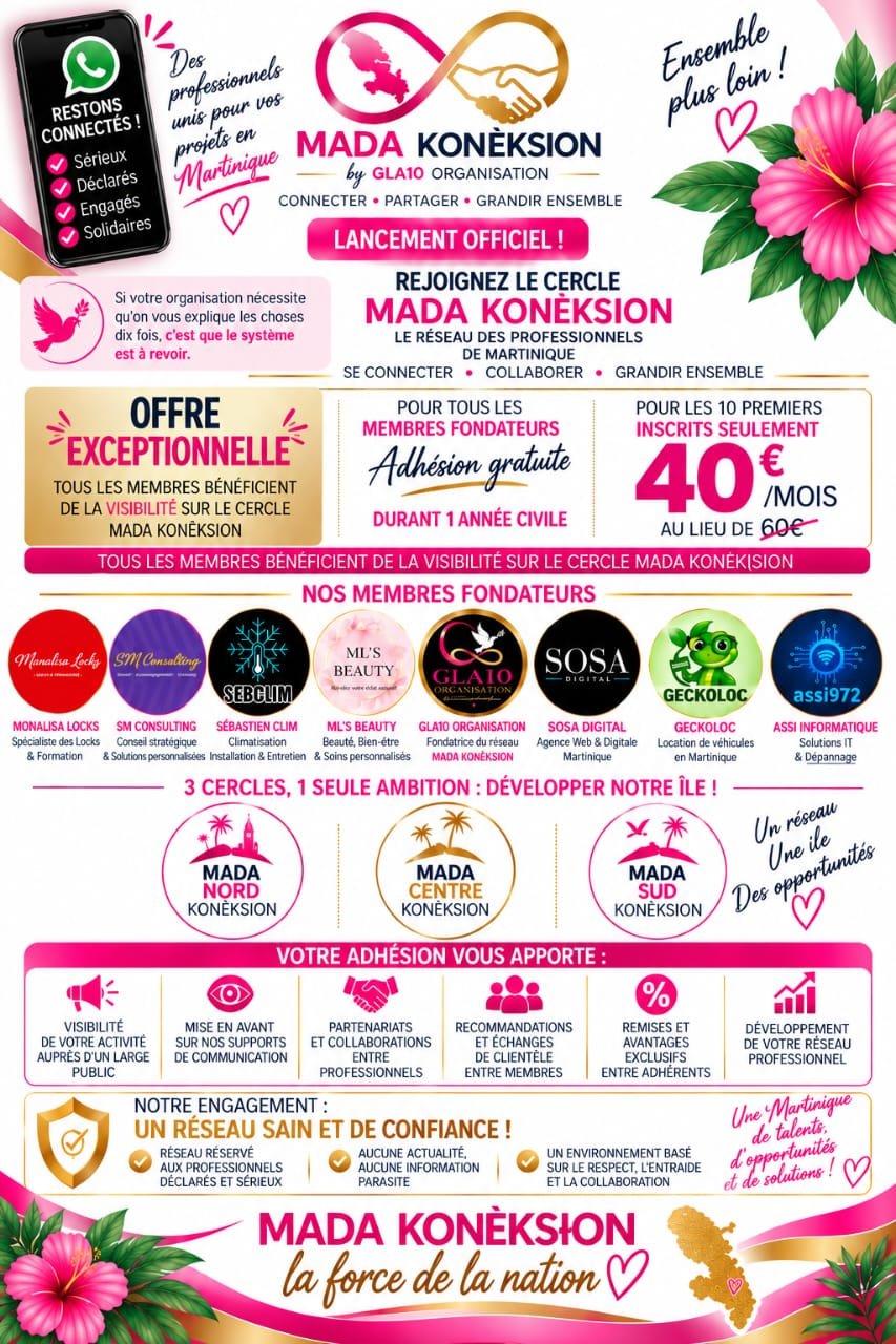 Flyer de lancement de Mada Koneksion : l’offre, les membres fondateurs et les trois cercles
